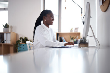 Canvas Print - Office, black woman and smile with computer for call center, sales research and customer information. Career, business person and consultant with digital for online training, crm software and typing