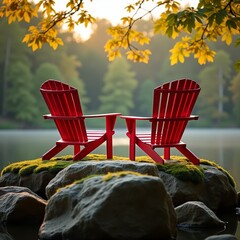 Sticker - Two red Adirondack chairs on a mossy rock by a serene lake, surrounded by autumn foliage