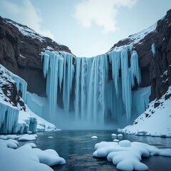 Poster - A breathtaking waterfall cascades through a frozen landscape, its icy veil shimmering in the winter sun