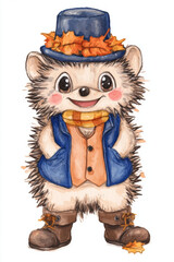 Canvas Print - Animal in fancy outfit in watercolor painting, A whimsical hedgehog dons a tiny top hat, showcasing high fidelity in a delightful and charming illustration.