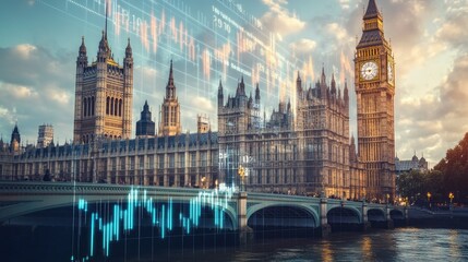 Poster - Parliament building with a rising financial chart in the foreground, representing economic stability and governance.