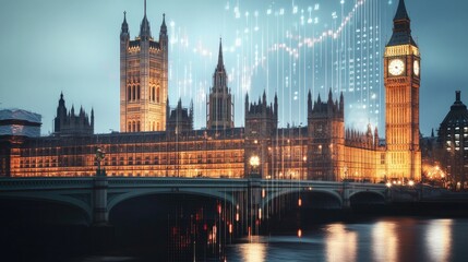 Poster - Parliament building with upward financial graph, illustrating governance and steady economic development in a sleek design.