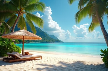 Wall Mural - A serene beach scene with a lounge chair and umbrella, surrounded by palm trees and a clear blue sky