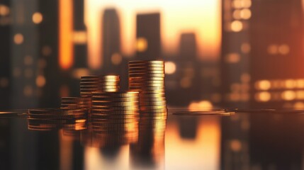 Poster - Rising coins stacked on a reflective surface, emphasizing economic growth and investment success in a minimalist setting.