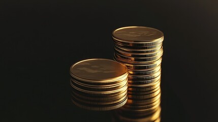 Poster - Rising coins stacked on a reflective surface, emphasizing economic growth and investment success in a minimalist setting.