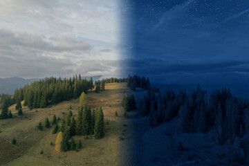 Wall Mural - majestic mountains by day and night. time of day change, collage
