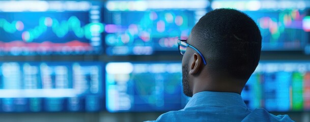 Poster - professional man analyzing financial data on multiple monitors