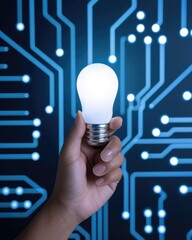 Poster - Hand Holding Light Bulb Against Blue Circuit Board Background