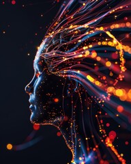 Poster - Profile of a Woman with Colorful Flowing Light Trails and Sparks