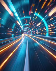 Poster - Futuristic Speed Tunnel with Vibrant Lights and Colorful Effects