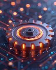 Poster - futuristic gear on circuit board with glowing elements and details