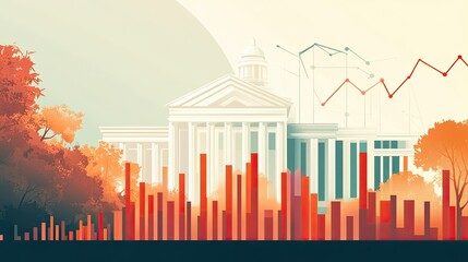 Poster - A dynamic financial chart rises beside a government building, representing modern growth and political-economic synergy.