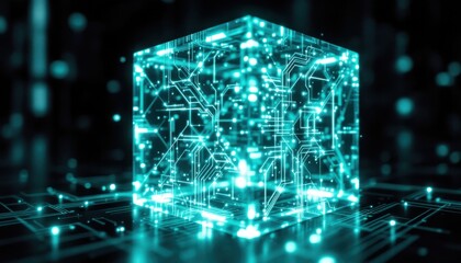 Poster - futuristic glowing digital cube with circuit patterns
