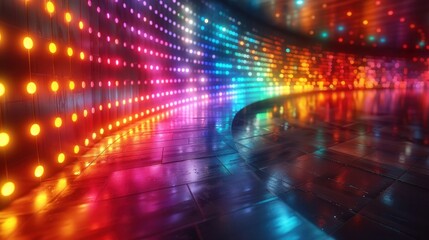 Poster - Vibrant curved led light wall display in a colorful tunnel