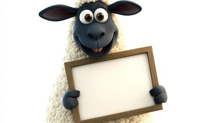 Fototapete - A cartoon sheep with a happy expression, holding a blank signboard perfect for adding custom text, on a white background.
