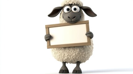 Fototapete - A cartoon sheep with a happy expression, holding a blank signboard perfect for adding custom text, on a white background.