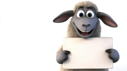 Fototapete - A cartoon sheep with a happy expression, holding a blank signboard perfect for adding custom text, on a white background.