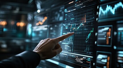 Poster - A person pointing at a digital stock market display with fluctuating graphs and financial data in a sleek, dark environment.