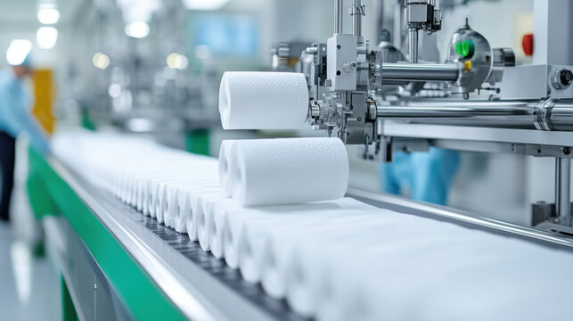 Tissue paper factory, A close-up image depicting perforations being added to tissue with high fidelity and detailed resolution.