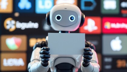 Poster - Friendly robot holding blank sign in front of colorful background