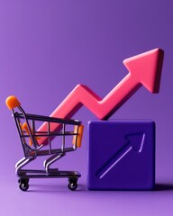 Poster - Shopping Cart with Rising Graph Icon on Purple Background