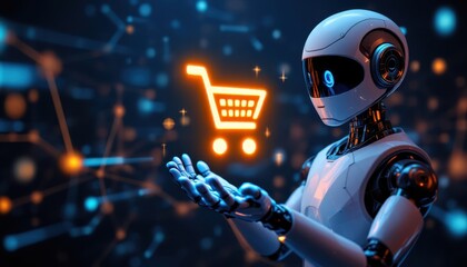 Poster - Futuristic robot with shopping cart icon in technological background