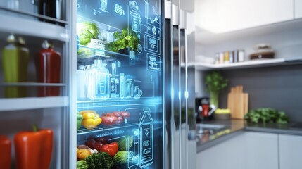 A smart refrigerator stocked with fresh groceries and digital display of recipes, symbolizing smart home technology for kitchen management, Modern lifestyle scene