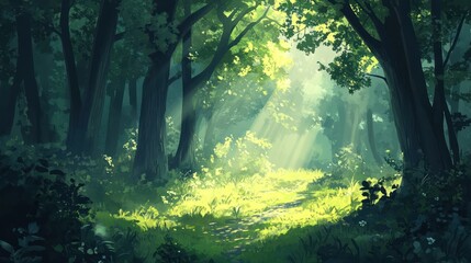 Wall Mural - Sunlit Forest Path: A Digital Painting of Tranquil Nature