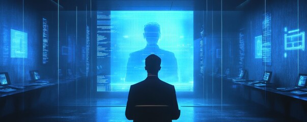 Poster - A silhouetted figure stands before a glowing digital screen, surrounded by technology and data in a futuristic environment.