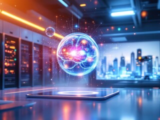 Poster - Futuristic ai hologram in high-tech server room with cityscape background