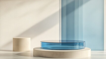 Poster - Abstract light blue 3D scene with a beige cylinder podium and transparent blue glass layers for a sleek, stylish display.