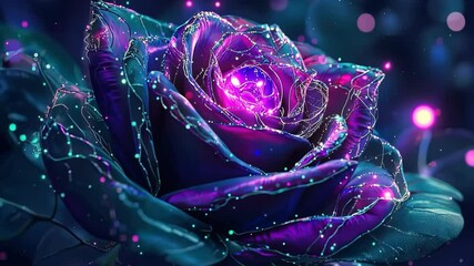 Poster - Glowing Purple Rose with Neon Lights and Sparkling Illuminated Flower Patterns