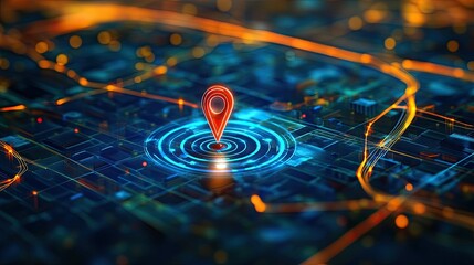 Poster - Digital Map with Location Pin and Light Trails in Urban Environment