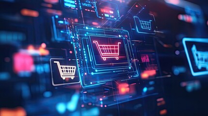 Poster - Abstract representation of digital marketing with SEO icons, PPC ads, and shopping cart symbols floating over a futuristic blue background. -