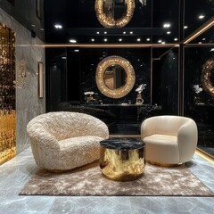 Poster - A chic modern lounge featuring plush chairs, a stylish table, and elegant golden accents against a glossy black backdrop.