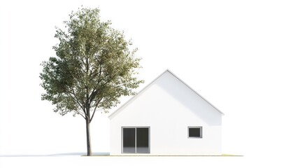 Poster - White house with tree, minimalist architecture design, isolated on white background.