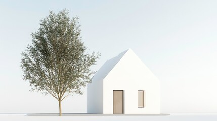 Poster - Minimalist white house model beside a small tree against a light background.