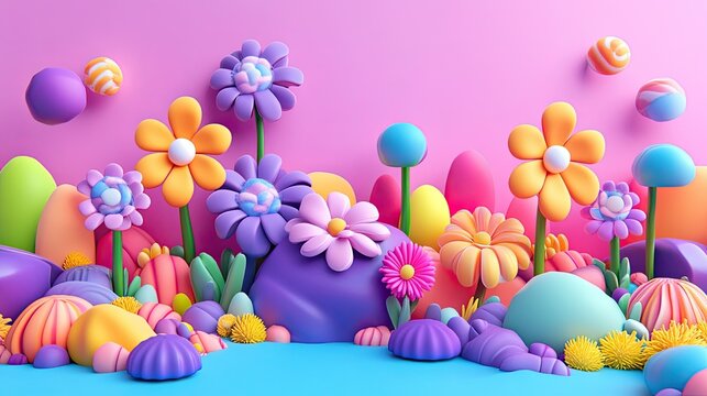 Colorful 3D design with kawaii flowers, coral purple rocks, and candy-like elements against a solid pastel backdrop, creating a playful vibe.