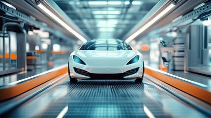 Poster - Futuristic Electric Car in Advanced Manufacturing Facility Setting
