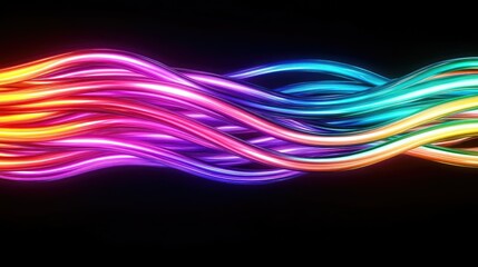 Poster - Electrifying display of neon cables glowing brightly in multicolored hues, moving rapidly against a black background.