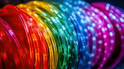 Poster - Electrifying display of neon cables glowing brightly in multicolored hues, moving rapidly against a black background.