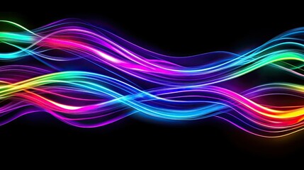 Poster - Electrifying display of neon cables glowing brightly in multicolored hues, moving rapidly against a black background.