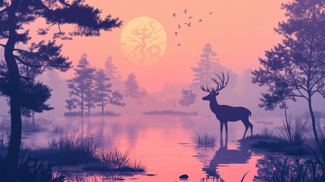 Elegant Oriental toile-style illustration with deer gracefully roaming in a serene forest, in gradient colors of dusk.