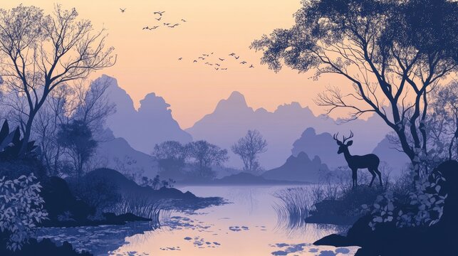 Elegant Oriental toile-style illustration with deer gracefully roaming in a serene forest, in gradient colors of dusk.