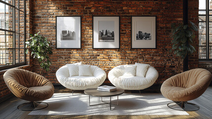 Wall Mural - Modern Living Room with Brick Wall: A stylish and comfortable living room featuring two plush white armchairs, two woven brown armchairs, a coffee table.