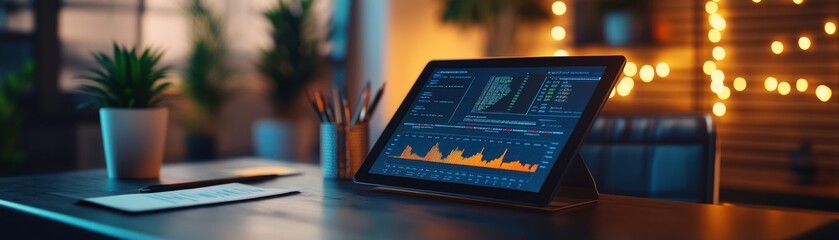 Poster - a cozy workspace featuring a tablet displaying data analytics, a keyboard, and a potted plant, illum