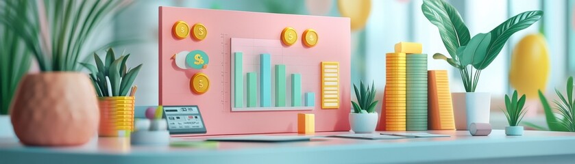 Poster - A vibrant workspace featuring colorful graphs, stacked coins, and potted plants, highlighting themes of finance and productivity.