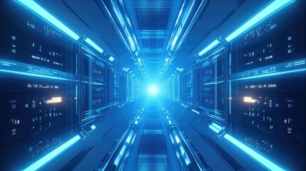 Poster - Futuristic Corridor with Neon Lights and Glowing Elements