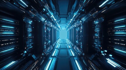Poster - Futuristic Technology Tunnel with Neon Lights and Data Connections