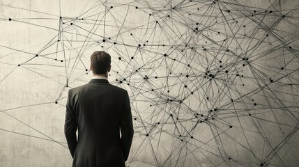 Poster - Businessman contemplates complex network connections visualized on a wall.